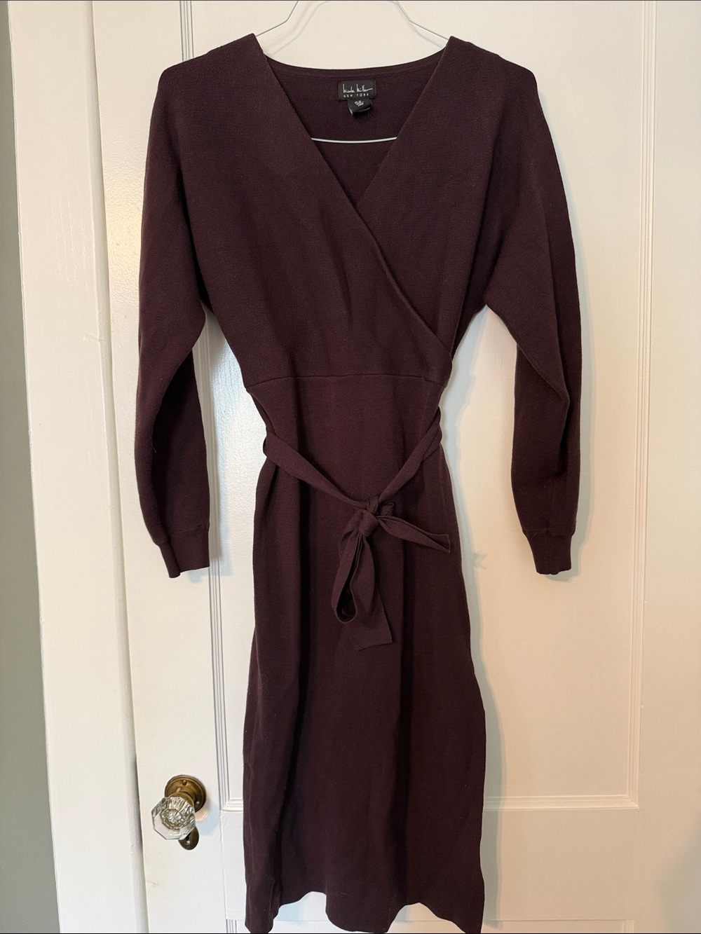 Nicole Miller Deep Plum Long Sleeve Sweater Wrap Dress